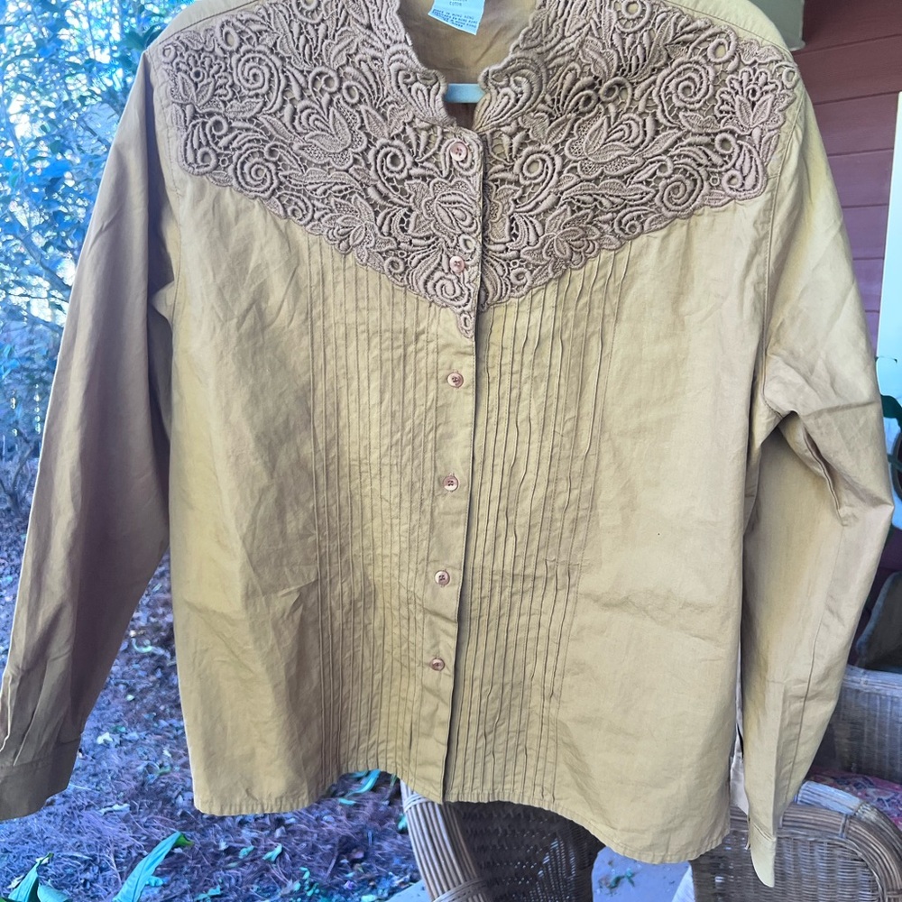 Rich Caramel Brown Long sleeve  XL embroidered Blouse Fall Wardrobe 100% Cotton